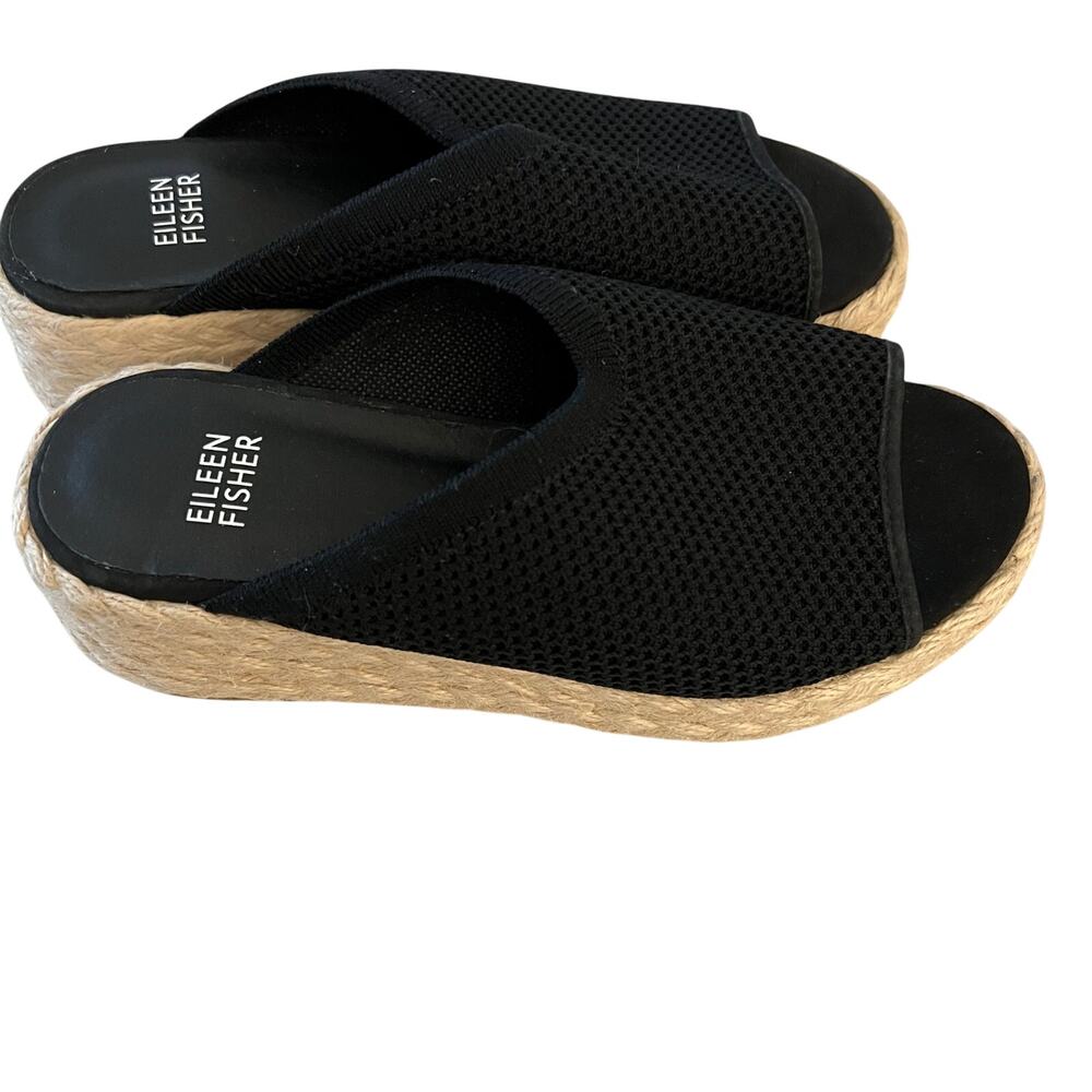 Eileen Fisher Black Mesh Espadrille Wedge Sandals